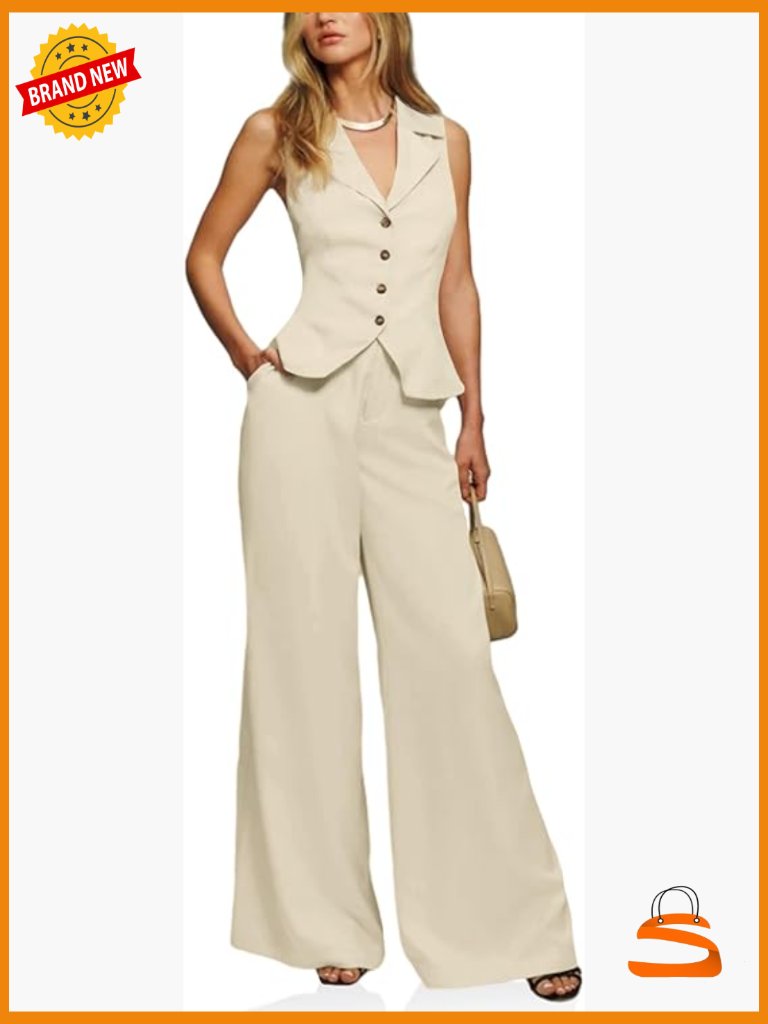 Vest Sets Summer 2 Piece Outfits Button Crop Blazer Vest And Wide Leg Pant Suits